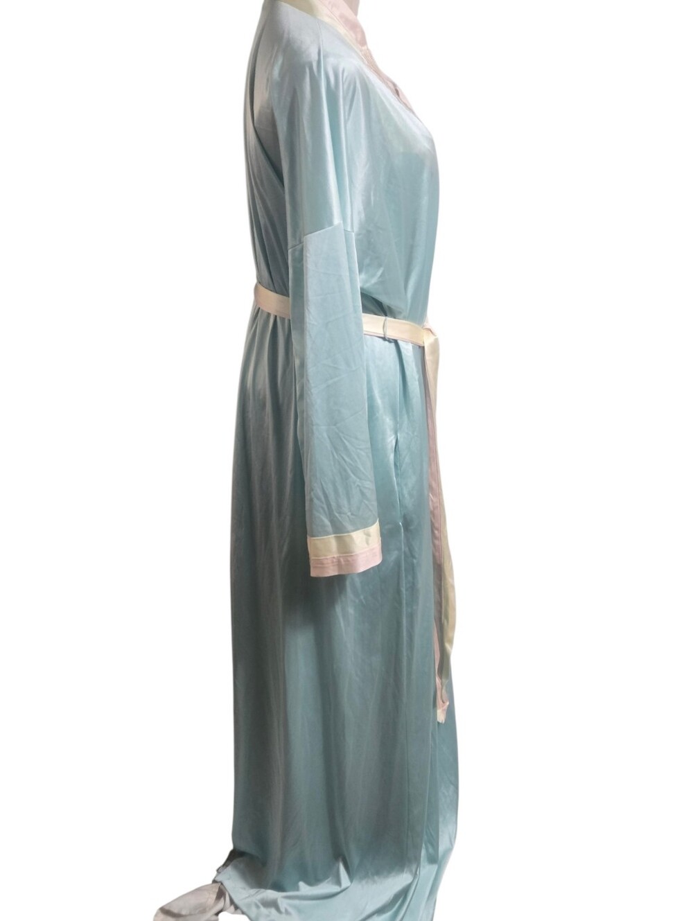 Vanity Fair Vintage Aqua Satin Long Robe &Nightie Set Pale Pink and Cream Trim - Picture 3 of 14